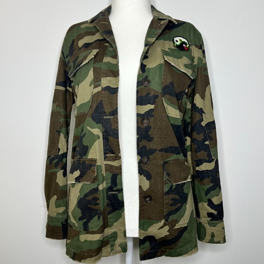 True Religion Women's Peacock Camo Jacket Pockets Distressed Unisex Military S/P